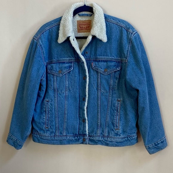 LEVIS WOMENS SHERPA LONG SLEEVE TRUCKER JEAN JACKET/DENIM-BLUE/LARGE/EUC.!